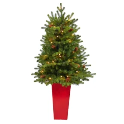 3.5’ Yukon Mountain Fir Artificial Christmas Tree With 50 Clear Lights And Pine Cones In Red Planter