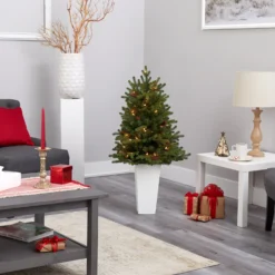 3.5’ Yukon Mountain Fir Artificial Christmas Tree With 50 Clear Lights And Pine Cones In White Planter -Cheap Artificial Trees Store artificial 35 yukon mountain fir artificial christmas tree with 50 clear lights and pine cones in white planter nearly natural 483304