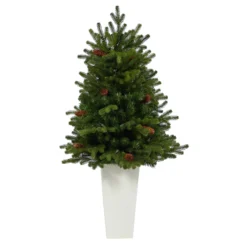 3.5’ Yukon Mountain Fir Artificial Christmas Tree With 50 Clear Lights And Pine Cones In White Planter -Cheap Artificial Trees Store artificial 35 yukon mountain fir artificial christmas tree with 50 clear lights and pine cones in white planter nearly natural 675601
