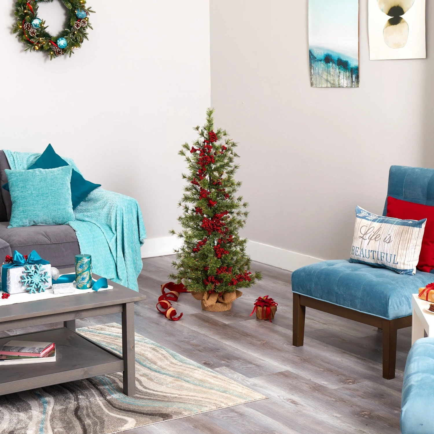 4’ Berry And Pine Artificial Christmas Tree With 100 Warm White Lights And Burlap Wrapped Base 5 4’ Berry And Pine Artificial Christmas Tree With 100 Warm White Lights And Burlap Wrapped Base - Image 5