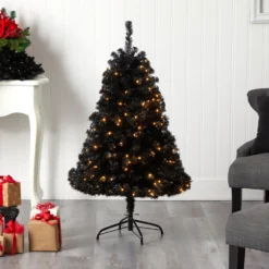 4’ Black Artificial Christmas Tree With 170 Clear LED Lights -Cheap Artificial Trees Store artificial 4 black artificial christmas tree with 170 clear led lights nearly natural 360066