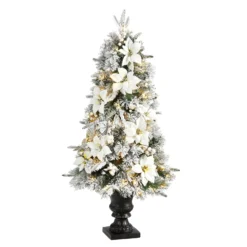 4’ Flocked Artificial Christmas Tree With 223 Bendable Branches And 100 Warm Lights In Decorative Urn