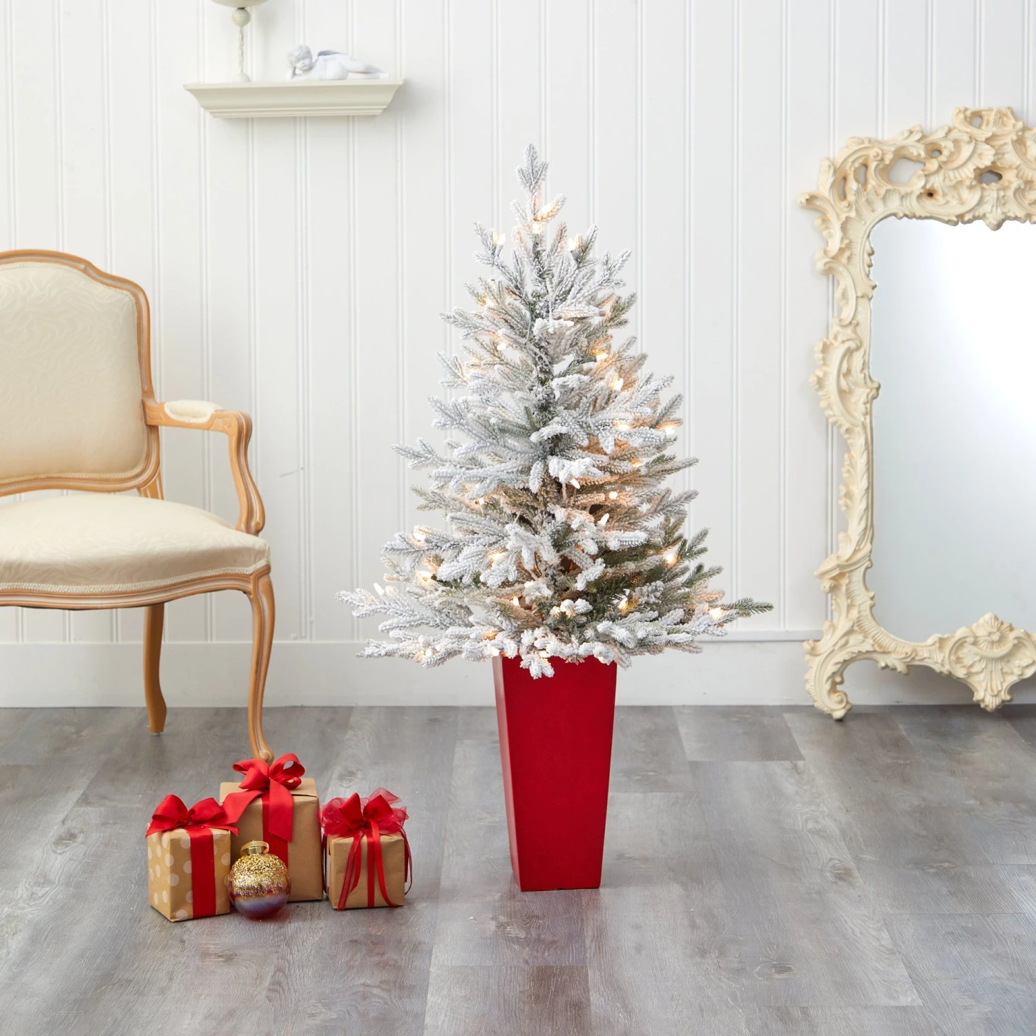 4’ Flocked Fraser Fir Artificial Christmas Tree With 200 Warm White Lights And 481 Bendable Branches In Red Planter 7 4’ Flocked Fraser Fir Artificial Christmas Tree With 200 Warm White Lights And 481 Bendable Branches In Red Planter - Image 7