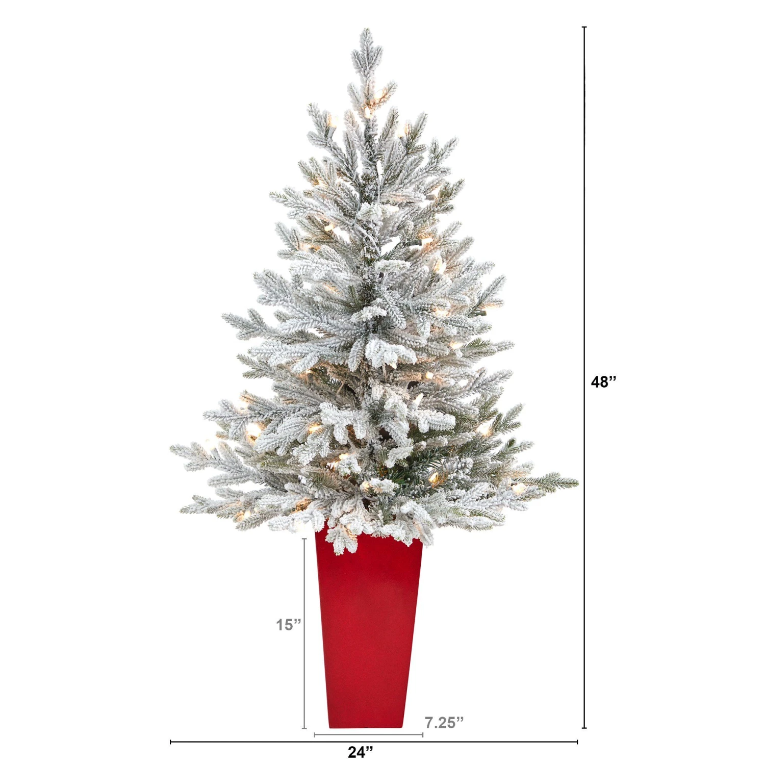 4’ Flocked Fraser Fir Artificial Christmas Tree With 200 Warm White Lights And 481 Bendable Branches In Red Planter 2 4’ Flocked Fraser Fir Artificial Christmas Tree With 200 Warm White Lights And 481 Bendable Branches In Red Planter - Image 2