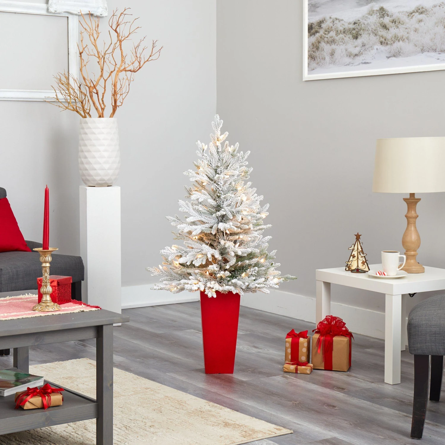 4’ Flocked Fraser Fir Artificial Christmas Tree With 200 Warm White Lights And 481 Bendable Branches In Red Planter 8 4’ Flocked Fraser Fir Artificial Christmas Tree With 200 Warm White Lights And 481 Bendable Branches In Red Planter - Image 8