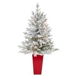 4’ Flocked Fraser Fir Artificial Christmas Tree With 200 Warm White Lights And 481 Bendable Branches In Red Planter