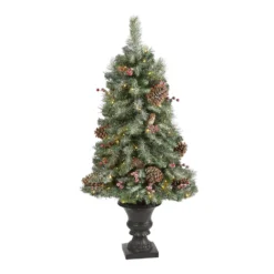4’ Frosted Pine, Pinecone And Berries Artificial Christmas Tree With 100 Clear LED Lights In Decorative Urn
