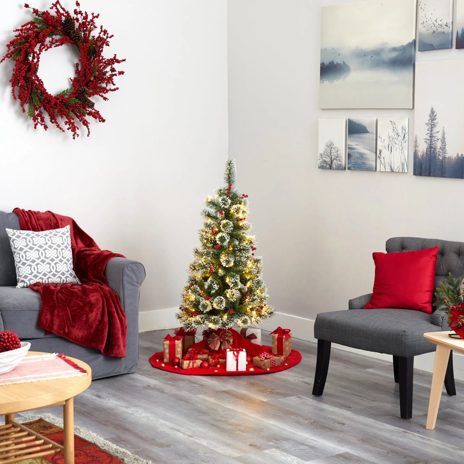 4’ Frosted Swiss Pine Artificial Christmas Tree With 100 Clear LED Lights And Berries 5 4’ Frosted Swiss Pine Artificial Christmas Tree With 100 Clear LED Lights And Berries - Image 5