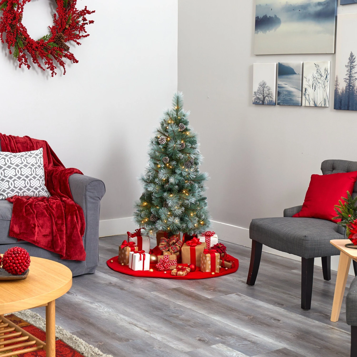 4’ Frosted Tip British Columbia Mountain Pine Artificial Christmas Tree With 100 Clear Lights, Pine Cones And 228 Bendable Branches 6 4’ Frosted Tip British Columbia Mountain Pine Artificial Christmas Tree With 100 Clear Lights, Pine Cones And 228 Bendable Branches - Image 6