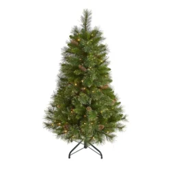 4’ Golden Tip Washington Pine Artificial Christmas Tree With 100 Clear Lights, Pine Cones And 336 Bendable Branches