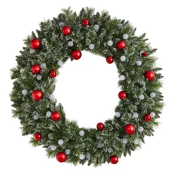 4' Oversized Pre-Lit Frosted Holiday Christmas Wreath With Ornaments And 40 LED Globe Lights -Cheap Artificial Trees Store artificial 4 oversized pre lit frosted holiday christmas wreath with ornaments and 40 led globe lights nearly natural 554583