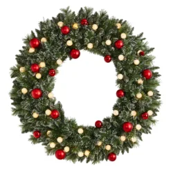 4' Oversized Pre-Lit Frosted Holiday Christmas Wreath With Ornaments And 40 LED Globe Lights