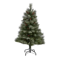 4’ Snowed French Alps Mountain Pine Artificial Christmas Tree With 237 Bendable Branches And Pine Cones