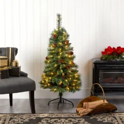 4’ White Mountain Pine Artificial Christmas Tree With 100 Clear LED Lights And Pine Cones -Cheap Artificial Trees Store artificial 4 white mountain pine artificial christmas tree with 100 clear led lights and pine cones nearly natural 136966