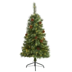 4’ White Mountain Pine Artificial Christmas Tree With 100 Clear LED Lights And Pine Cones