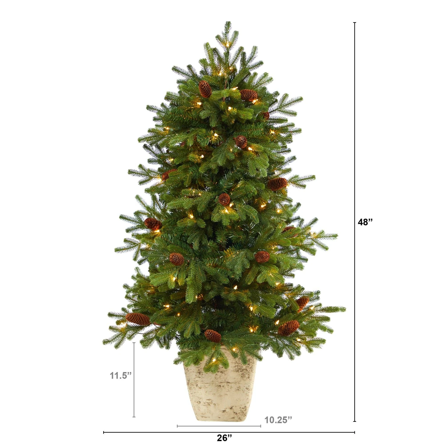 4’ Yukon Mountain Fir Artificial Christmas Tree With 100 Clear Lights, Pine Cones And 386 Bendable Branches In Country White Planter 2 4’ Yukon Mountain Fir Artificial Christmas Tree With 100 Clear Lights, Pine Cones And 386 Bendable Branches In Country White Planter - Image 2
