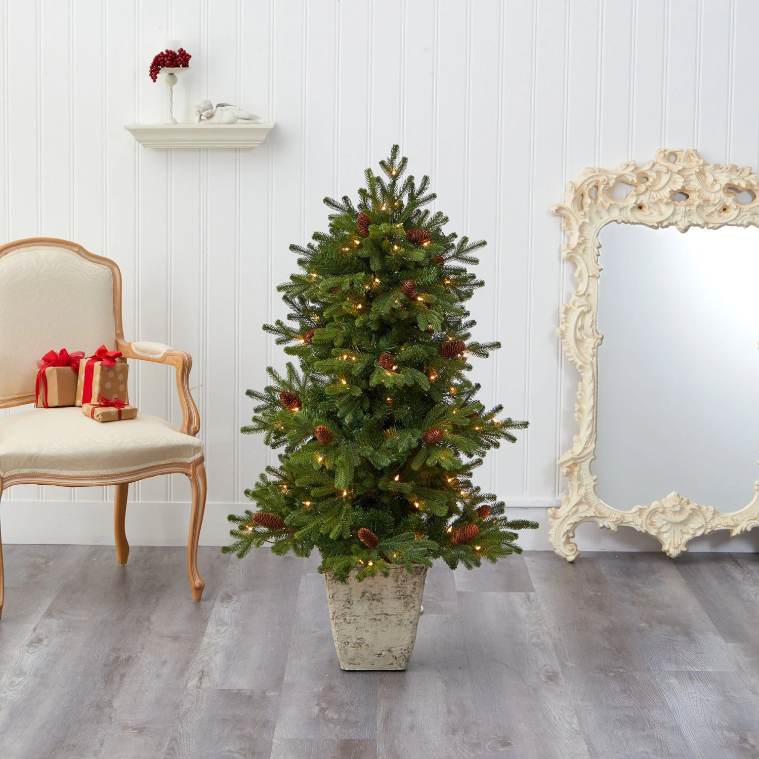 4’ Yukon Mountain Fir Artificial Christmas Tree With 100 Clear Lights, Pine Cones And 386 Bendable Branches In Country White Planter 7 4’ Yukon Mountain Fir Artificial Christmas Tree With 100 Clear Lights, Pine Cones And 386 Bendable Branches In Country White Planter - Image 7