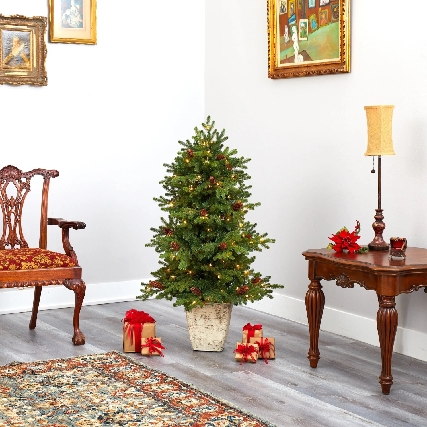 4’ Yukon Mountain Fir Artificial Christmas Tree With 100 Clear Lights, Pine Cones And 386 Bendable Branches In Country White Planter 8 4’ Yukon Mountain Fir Artificial Christmas Tree With 100 Clear Lights, Pine Cones And 386 Bendable Branches In Country White Planter - Image 8