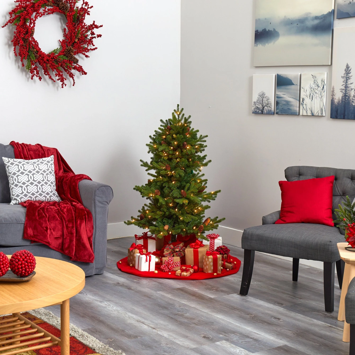 4’ Yukon Mountain Fir Artificial Christmas Tree With 100 Clear Lights, Pine Cones And 386 Bendable Branches 6 4’ Yukon Mountain Fir Artificial Christmas Tree With 100 Clear Lights, Pine Cones And 386 Bendable Branches - Image 6