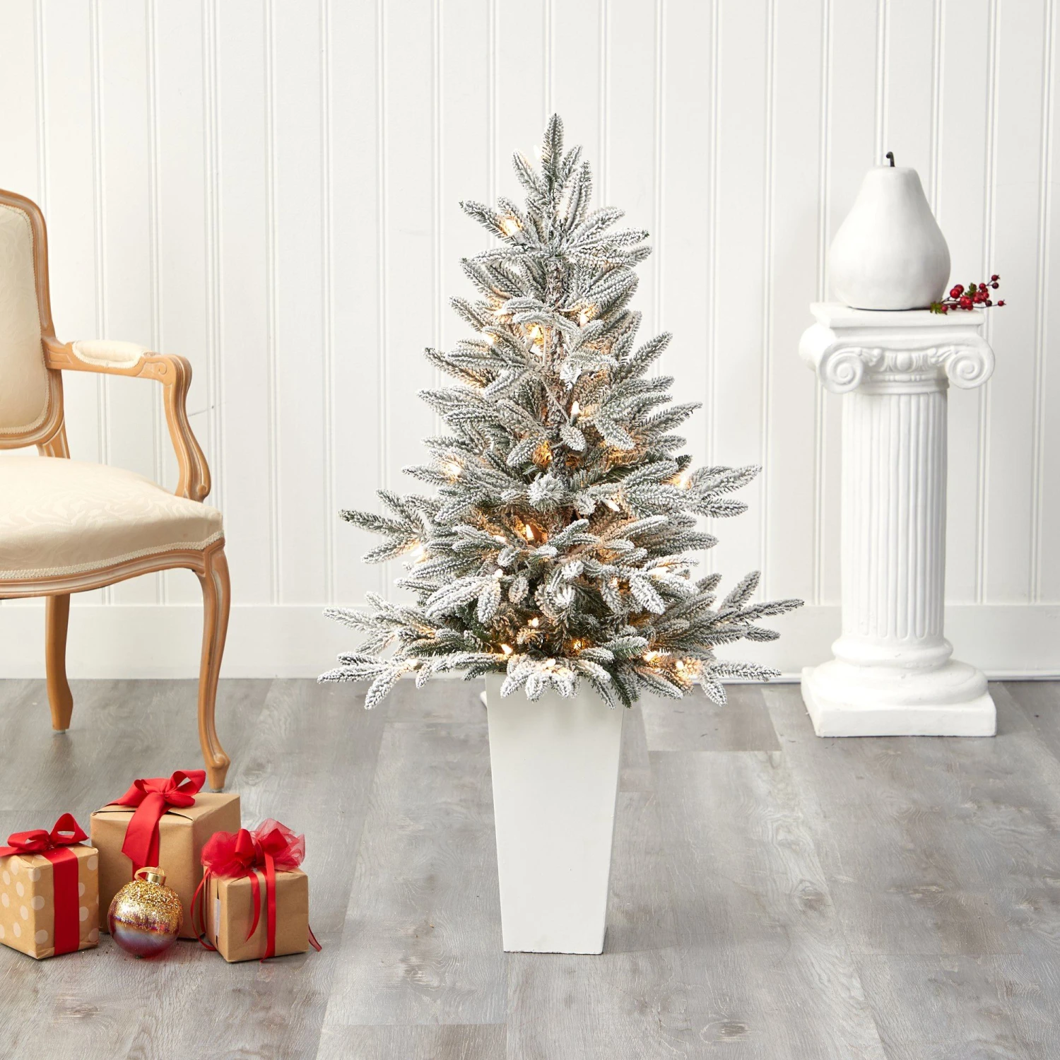 44” Flocked Manchester Spruce Artificial Christmas Tree With 50 Lights And 133 Bendable Branches In White Planter 7 44” Flocked Manchester Spruce Artificial Christmas Tree With 50 Lights And 133 Bendable Branches In White Planter - Image 7