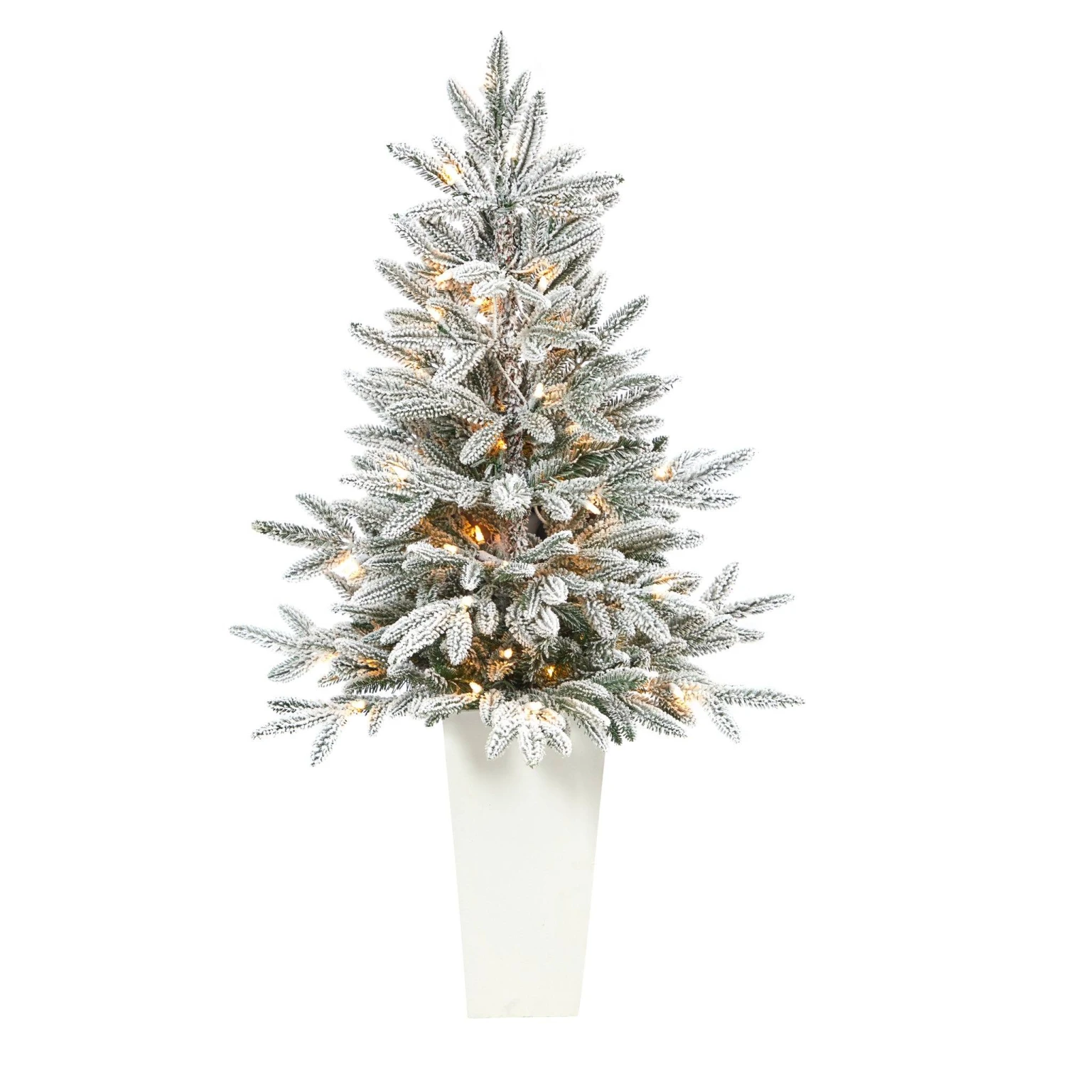 44” Flocked Manchester Spruce Artificial Christmas Tree With 50 Lights And 133 Bendable Branches In White Planter 1 44” Flocked Manchester Spruce Artificial Christmas Tree With 50 Lights And 133 Bendable Branches In White Planter