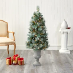 4.5’ Frosted Tip British Columbia Mountain Pine Artificial Christmas Tree With Urn -Cheap Artificial Trees Store artificial 45 frosted tip british columbia mountain pine artificial christmas tree with 100 clear lights pine cones and 228 bendable branches in decorative urn nearly nat 503888