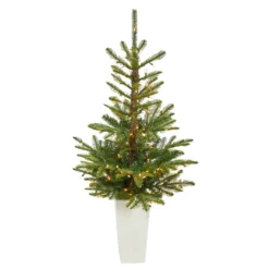4.5’ Layered Washington Spruce Artificial Christmas Tree With 100 Clear LED Lights And 189 Bendable Branches In White Planter