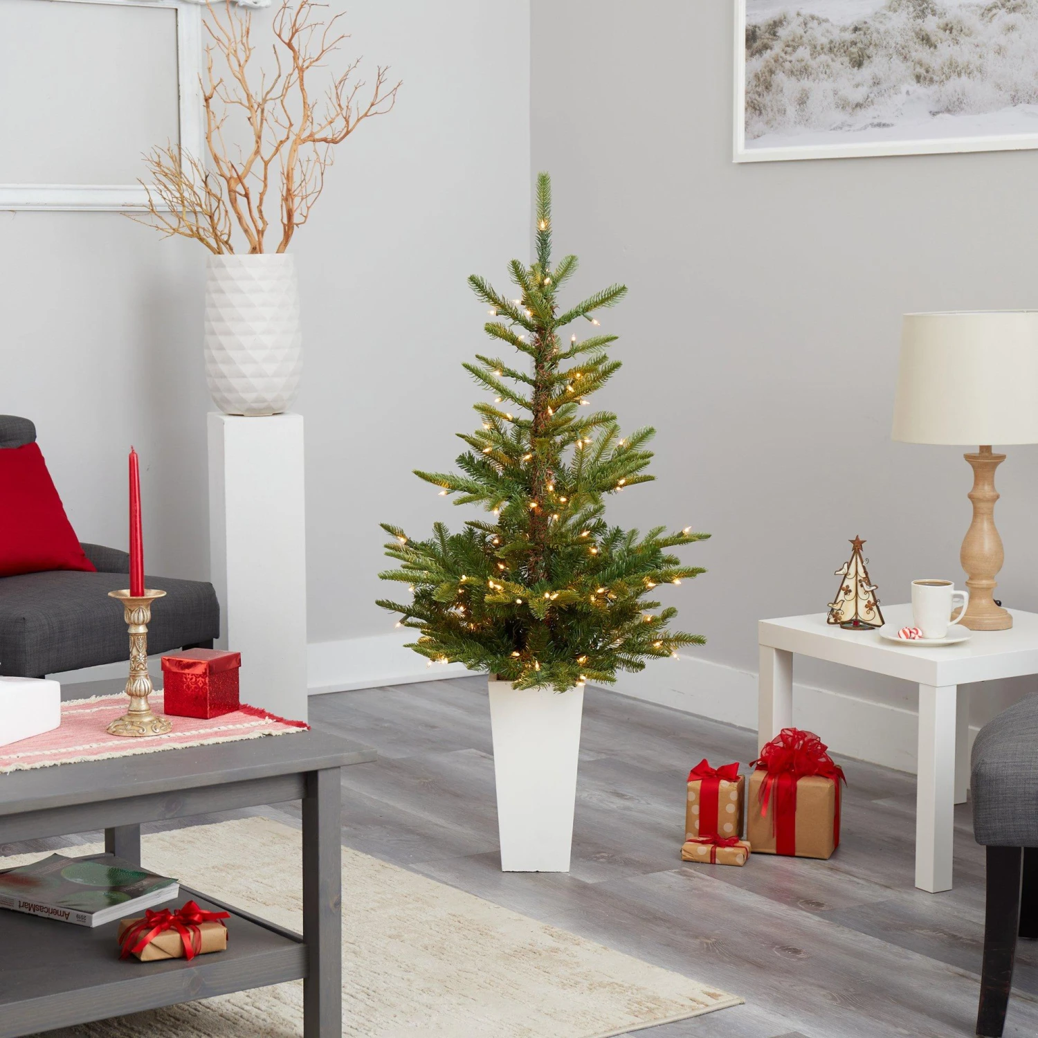 4.5’ Layered Washington Spruce Artificial Christmas Tree With 100 Clear LED Lights And 189 Bendable Branches In White Planter 8 4.5’ Layered Washington Spruce Artificial Christmas Tree With 100 Clear LED Lights And 189 Bendable Branches In White Planter - Image 8