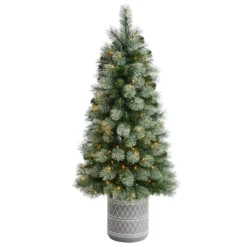 4.5’ Nova Scotia Artificial Christmas Tree In Engraved Geometric Stone Planter