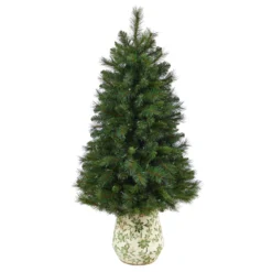 4.5’ West Virginia Mountain Pine Artificial Christmas Tree With 100 Clear Lights And 322 Bendable Branches In Floral Print Planter -Cheap Artificial Trees Store artificial 45 west virginia mountain pine artificial christmas tree with 100 clear lights and 322 bendable branches in floral print planter nearly natural 253679