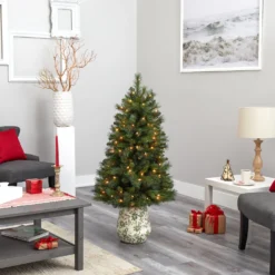 4.5’ West Virginia Mountain Pine Artificial Christmas Tree With 100 Clear Lights And 322 Bendable Branches In Floral Print Planter -Cheap Artificial Trees Store artificial 45 west virginia mountain pine artificial christmas tree with 100 clear lights and 322 bendable branches in floral print planter nearly natural 266575