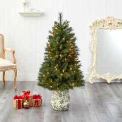 4.5’ West Virginia Mountain Pine Artificial Christmas Tree With 100 Clear Lights And 322 Bendable Branches In Floral Print Planter -Cheap Artificial Trees Store artificial 45 west virginia mountain pine artificial christmas tree with 100 clear lights and 322 bendable branches in floral print planter nearly natural 798336