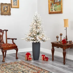 5’ Flocked Fraser Fir Artificial Christmas Tree With 300 Warm White Lights And 967 Bendable Branches In Gray Planter -Cheap Artificial Trees Store artificial 5 flocked fraser fir artificial christmas tree with 300 warm white lights and 967 bendable branches in gray planter nearly natural 761653