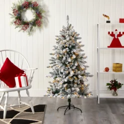 5’ Flocked Livingston Fir Artificial Christmas Tree With Pine Cones And 200 Clear Warm LED Lights -Cheap Artificial Trees Store artificial 5 flocked livingston fir artificial christmas tree with pine cones and 200 clear warm led lights nearly natural 377907