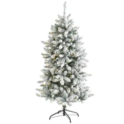 5’ Flocked Livingston Fir Artificial Christmas Tree With Pine Cones And 200 Clear Warm LED Lights
