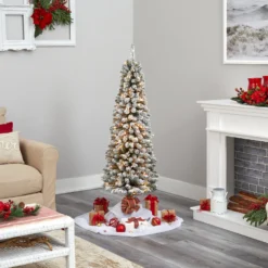 5’ Flocked Pencil Artificial Christmas Tree With 200 Clear Lights And 318 Bendable Branches -Cheap Artificial Trees Store artificial 5 flocked pencil artificial christmas tree with 200 clear lights and 318 bendable branches nearly natural 624044