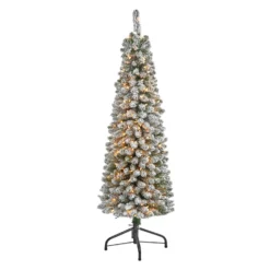 5’ Flocked Pencil Artificial Christmas Tree With 200 Clear Lights And 318 Bendable Branches