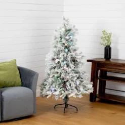 5' Flocked Pre-Lit Fiber Optic Artificial Pinecone Christmas Tree With 50 Colorful LED Lights -Cheap Artificial Trees Store artificial 5 flocked pre lit fiber optic artificial pinecone christmas tree with 50 colorful led lights nearly natural 364323