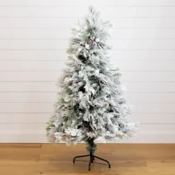 5' Flocked Pre-Lit Fiber Optic Artificial Pinecone Christmas Tree With 50 Colorful LED Lights -Cheap Artificial Trees Store artificial 5 flocked pre lit fiber optic artificial pinecone christmas tree with 50 colorful led lights nearly natural 564884