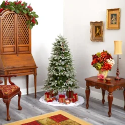 5' Flocked Whistler Mountain Fir Artificial Christmas Tree -Cheap Artificial Trees Store artificial 5 flocked whistler mountain fir artificial christmas tree with 250 warm white led lights with instant connect technology 28 globe bulbs pine cones and 480 bend 229373