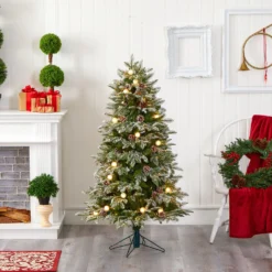 5' Flocked Whistler Mountain Fir Artificial Christmas Tree -Cheap Artificial Trees Store artificial 5 flocked whistler mountain fir artificial christmas tree with 250 warm white led lights with instant connect technology 28 globe bulbs pine cones and 480 bend 282835