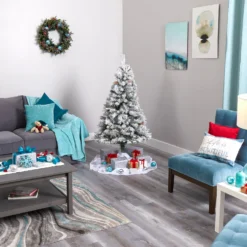 5' Flocked White River Mountain Pine Artificial Christmas Tree With Pinecones And 150 Clear LED Lights -Cheap Artificial Trees Store artificial 5 flocked white river mountain pine artificial christmas tree with pinecones and 150 clear led lights nearly natural 709227