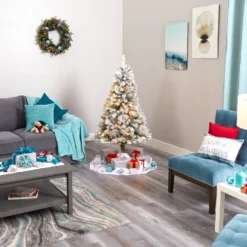 5' Flocked White River Mountain Pine Artificial Christmas Tree With Pinecones And 150 Clear LED Lights -Cheap Artificial Trees Store artificial 5 flocked white river mountain pine artificial christmas tree with pinecones and 150 clear led lights nearly natural 913211