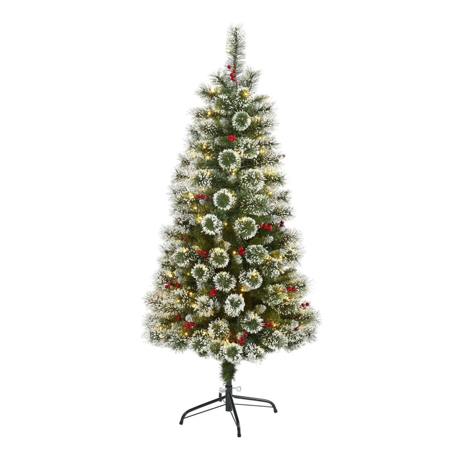 5’ Frosted Swiss Pine Artificial Christmas Tree With 200 Clear LED Lights And Berries 1 5’ Frosted Swiss Pine Artificial Christmas Tree With 200 Clear LED Lights And Berries