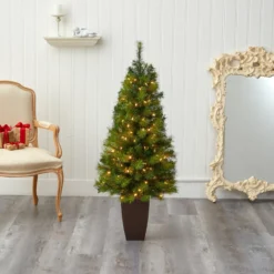 5’ Green Valley Pine Artificial Christmas Tree With 100 Warm White LED Lights And 201 Bendable Branches In Bronze Metal Planter -Cheap Artificial Trees Store artificial 5 green valley pine artificial christmas tree with 100 warm white led lights and 201 bendable branches in bronze metal planter nearly natural 690001