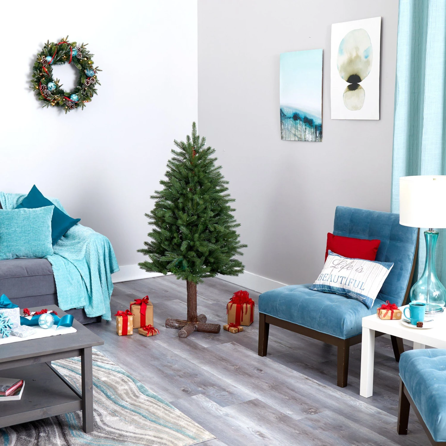 5' Napa Valley Pine Artificial Christmas Tree With 200 Warm White LED Lights, 335 Bendable Branches On A Faux Wood Stand 6 5' Napa Valley Pine Artificial Christmas Tree With 200 Warm White LED Lights, 335 Bendable Branches On A Faux Wood Stand - Image 6