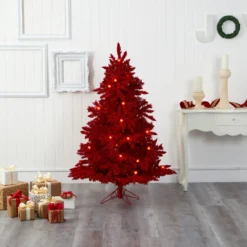 5' Red Flocked Fraser Fir Artificial Christmas Tree -Cheap Artificial Trees Store artificial 5 red flocked fraser fir artificial christmas tree with 250 red lights 26 globe bulbs and 490 bendable branches nearly natural 999080