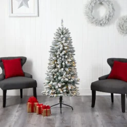 5’ Slim Flocked Montreal Fir Christmas Tree With 150 Warm White LED Lights And 491 Bendable Branches -Cheap Artificial Trees Store artificial 5 slim flocked montreal fir christmas tree with 150 warm white led lights and 491 bendable branches nearly natural 101200