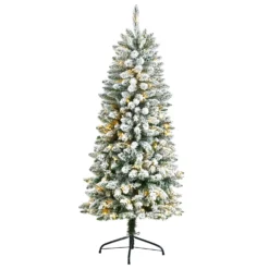 5’ Slim Flocked Montreal Fir Christmas Tree With 150 Warm White LED Lights And 491 Bendable Branches