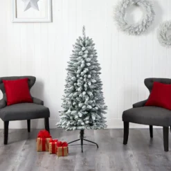 5’ Slim Flocked Montreal Fir Christmas Tree With 150 Warm White LED Lights And 491 Bendable Branches -Cheap Artificial Trees Store artificial 5 slim flocked montreal fir christmas tree with 150 warm white led lights and 491 bendable branches nearly natural 987643